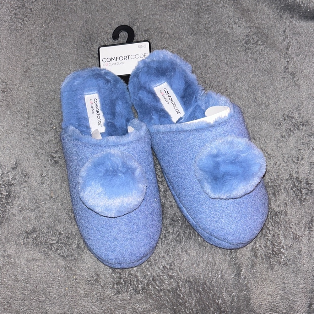 Comfort Code Soft Blue Slippers with Pom-Poms